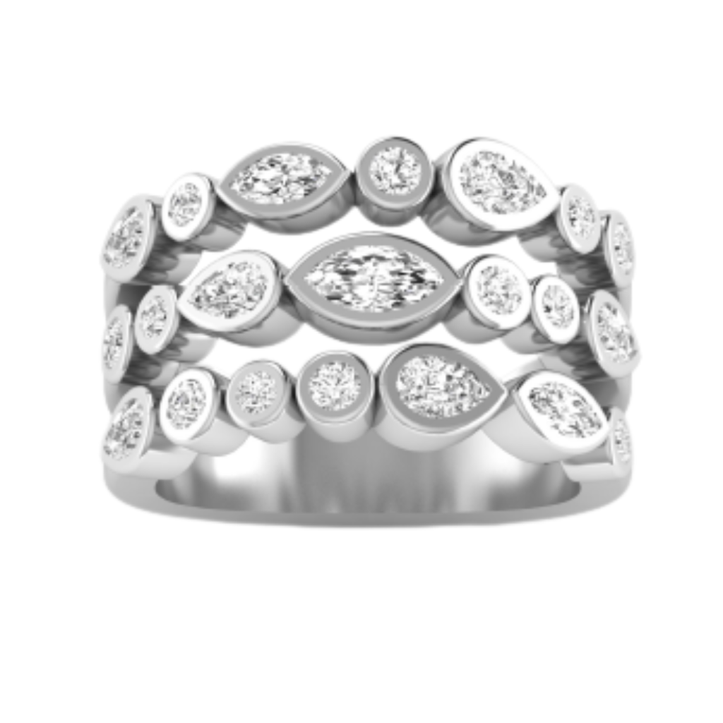 Three Row Mixed Shape Bezel Ring