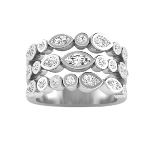 [R159] Three Row Mixed Shape Bezel Ring